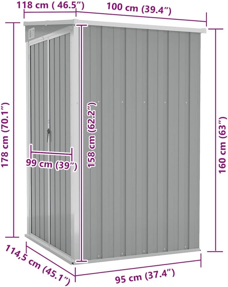 jardinite Remise de Jardin Murale Gris 118x100x178 cm Acier galvanisé,Structures extérieures, Cabanes & abris de Jardin,316218