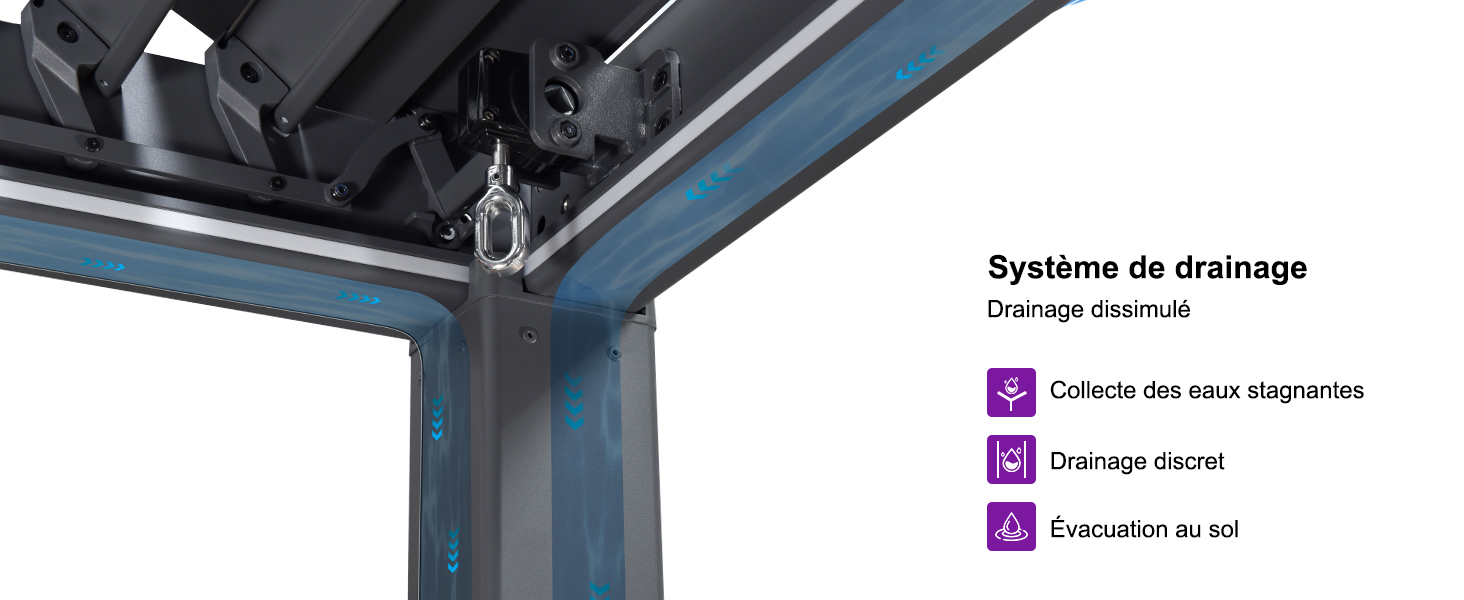 Schéma du système de drainage montrant trois composants en bleu et violet : collecte de l'eau, drainage filtré et évacuation du toit, avec texte français étiqueté.