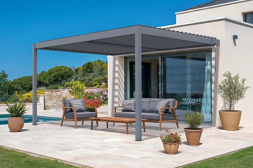 jardinite - Piana - pergola adossée 4x3m alu gris, 3 persiennes brise-vue