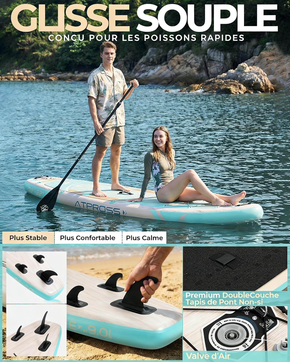 Stand Up Paddle Gonflable Adulte avec Siège Kayak & Accessoires, 320x84cm Planche de Sup Extra Large pour 2 Personnes, Charge 200kg, Kayak Gonflable 2 Places Stable et Antidérapant pour Surf