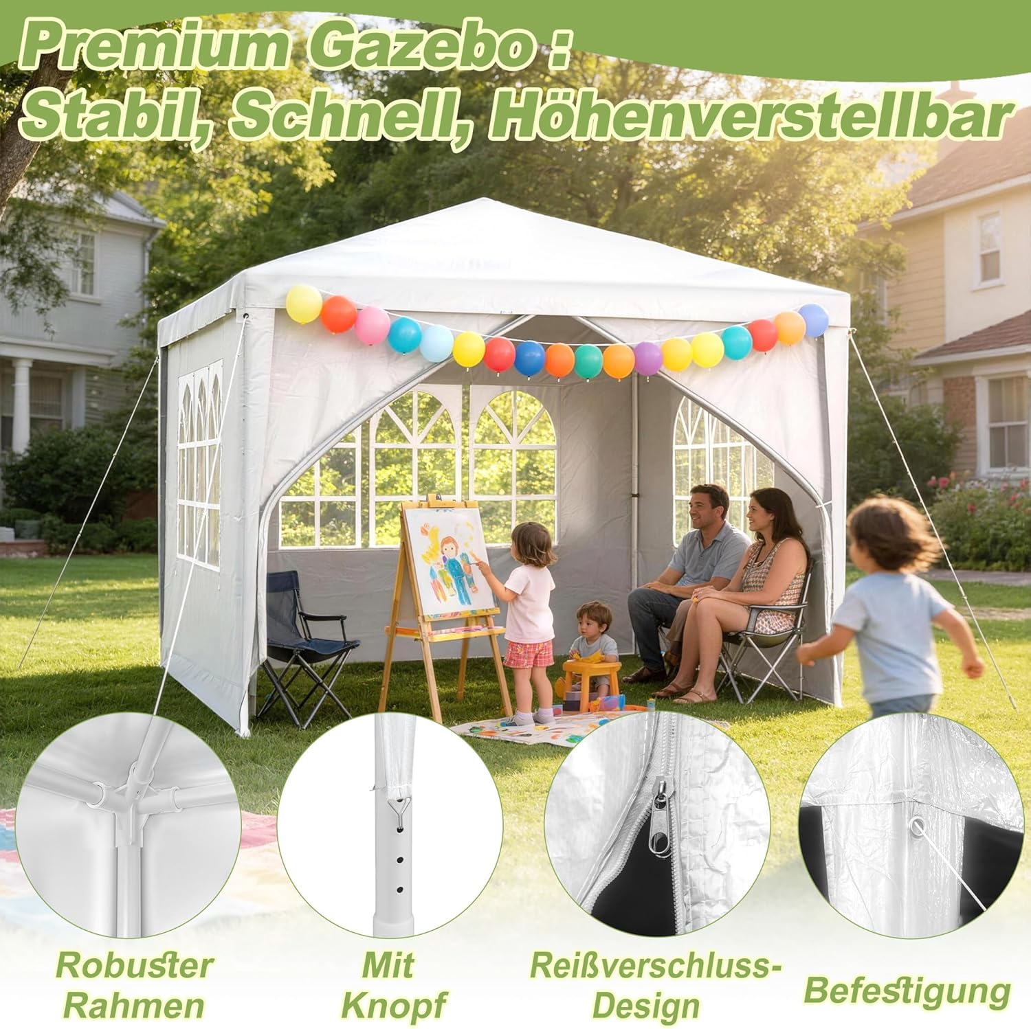 LZQ - Tonnelle de jardin 3x3m, montage emboîtement, imperméable, 4 parois, fenêtres, toit