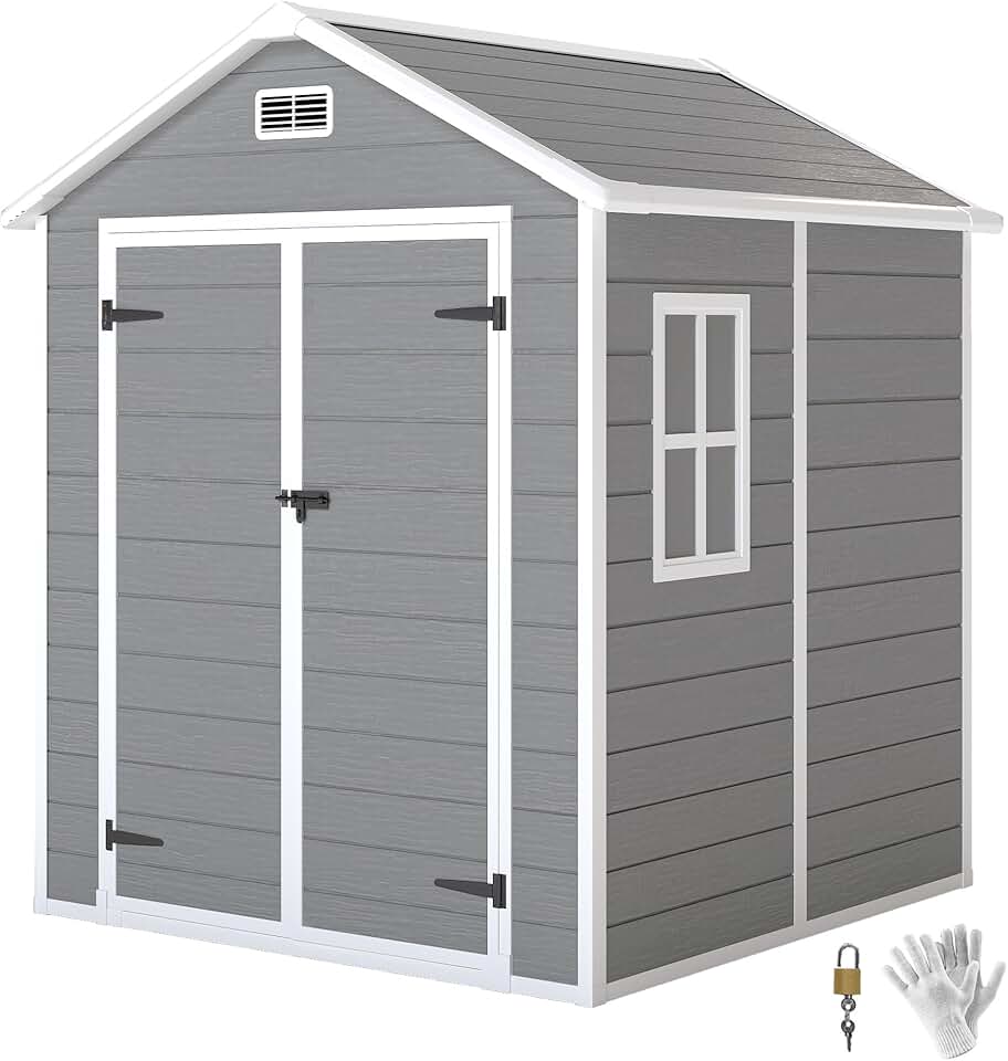 jardinite Abri de Jardin en résine 2,7 m² avec Plancher Structure en Aluminium 182 x 151 x 219 cm, cabane de Jardin cabanon Rangement Outils Portes avec Serrure et clés 3 fenêtre, Gris Global Recycled Standard
