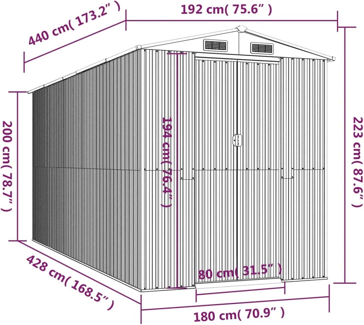 Abri de jardin extérieur en acier galvanisé vert 192 x 440 x 223 cm