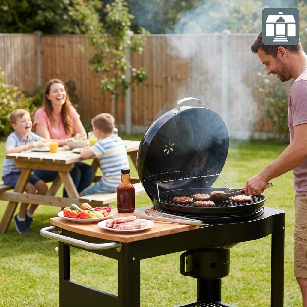 jardinite - Barbecue Calgary - acier/bois - couvercle thermomètre, tablettes, 2 roues, noir