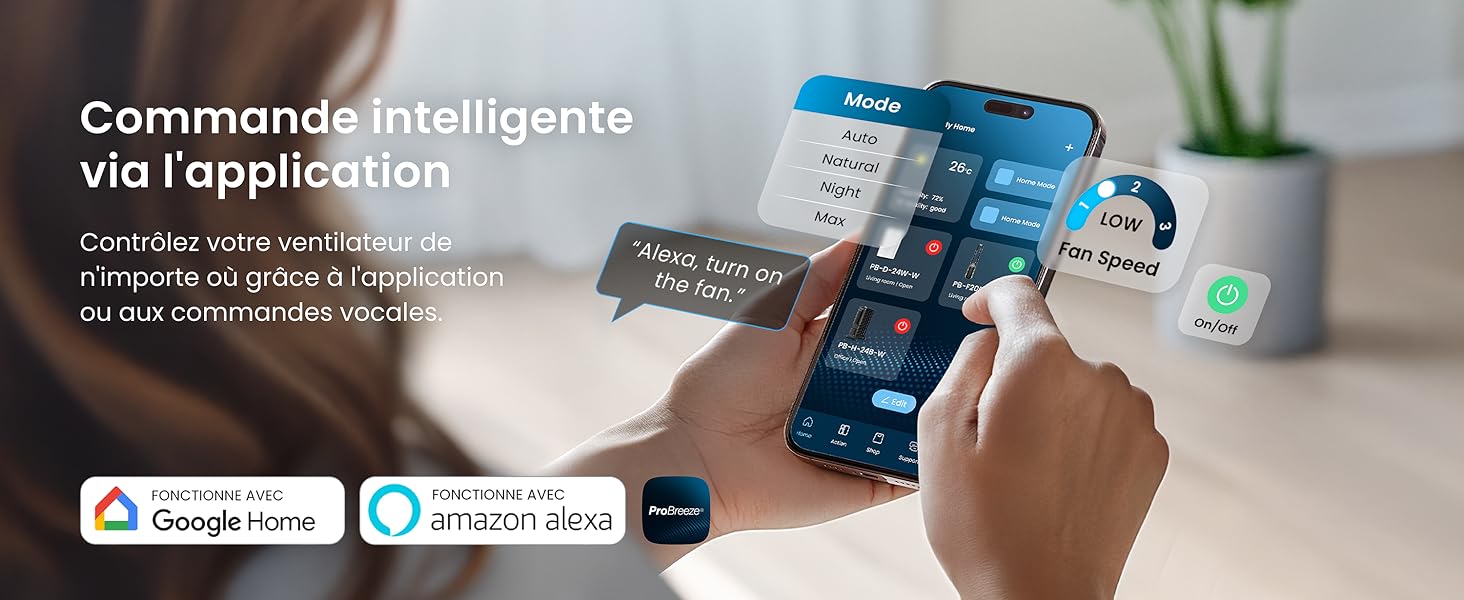 Interface d'affichage d'application pour smartphone permettant de contrôler les appareils domestiques intelligents. La main interagit avec l'écran, affichant les appareils connectés et l'intégration de l'assistant vocal