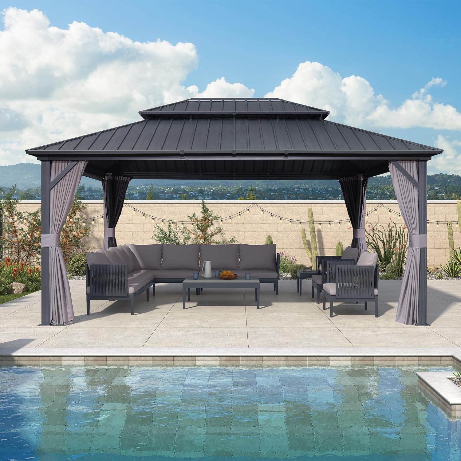 jardinite - pergola série double toit - 4,85x3,65 m - alu acier, rideaux, moustiquaire