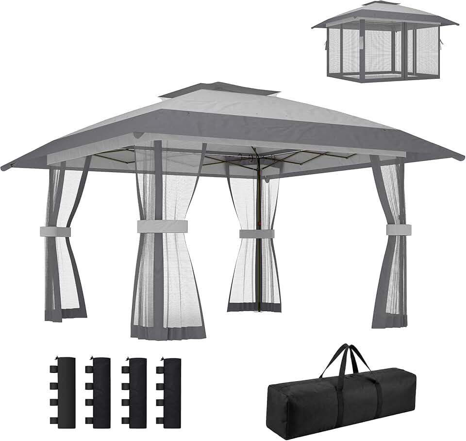 jardinite Tonnelle de Jardin 4 x 4 m Pop up Tente Pliante réglable en Hauteur Protection UV30+ tonnelle Pliante avec Double Toit 4 parois en Maille 4 Sacs de Sable Sac de Transport Montage Facile Gris