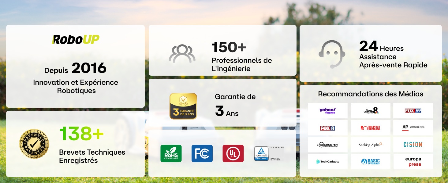 Le texte indique « Robo 2016 », « Plus de 150 professionnels du service client », « 24 heures sur 24 » avec des icônes indiquant les statistiques de l'entreprise et sa présence sur les réseaux sociaux, y compris « 138 groupes dans le monde entier ».