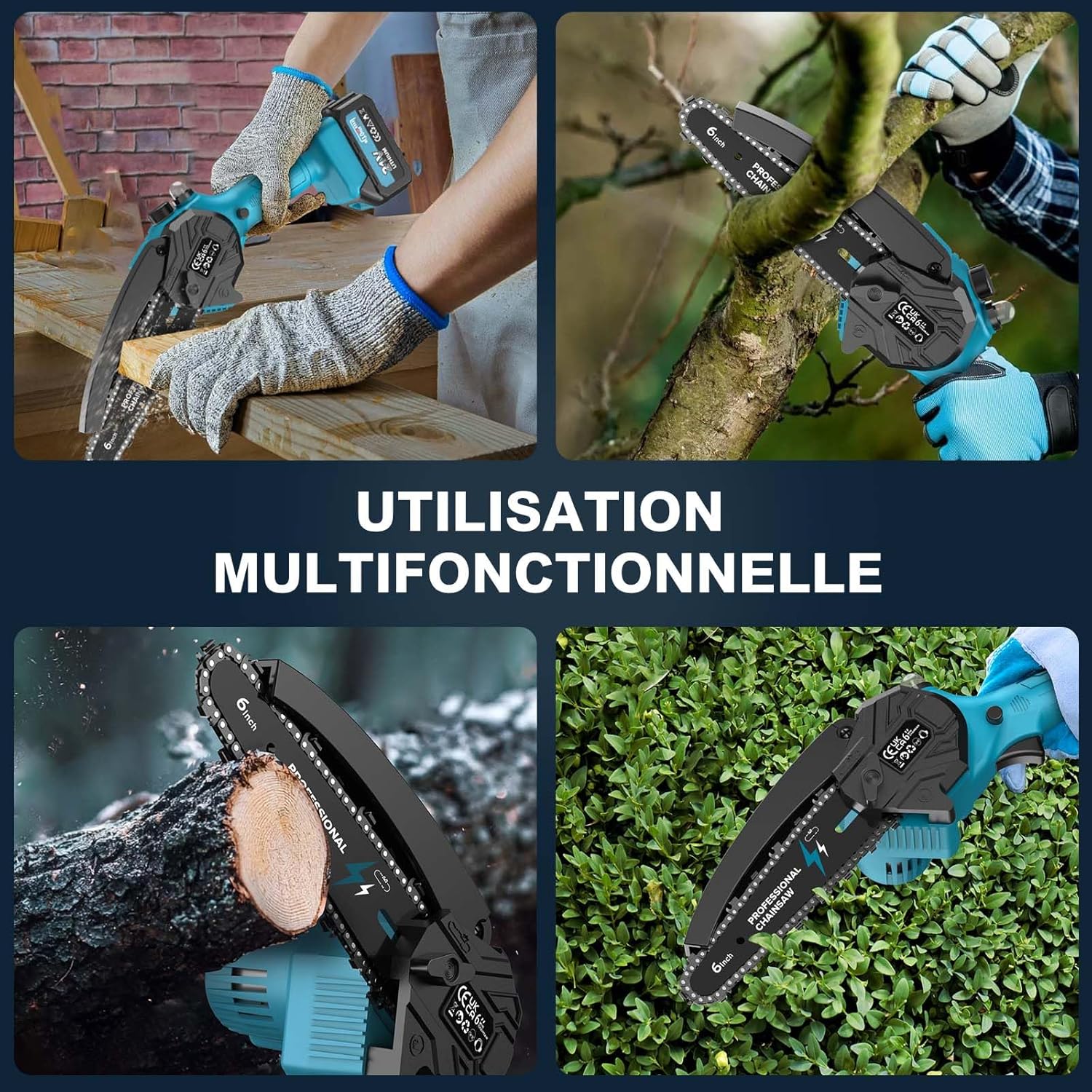 Mini Tronconneuse a Batterie 6 Pouces, 900W Tronconneuse Electrique Sans Fil avec 2x4000mAh, Chaîne Supplémentaire, Chargeur, Boîte à Outils, Elagueuse Batterie pour l'élagage le Jardin Projets DIY