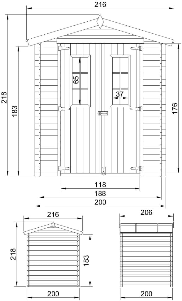 Abri de Jardin en Bois - Stockage extérieur I216xL206xH218 cm/ 3.53 m2 Petit abri à Outils, Local à vélos - Toit imperméable, fenêtres jardinite M343C