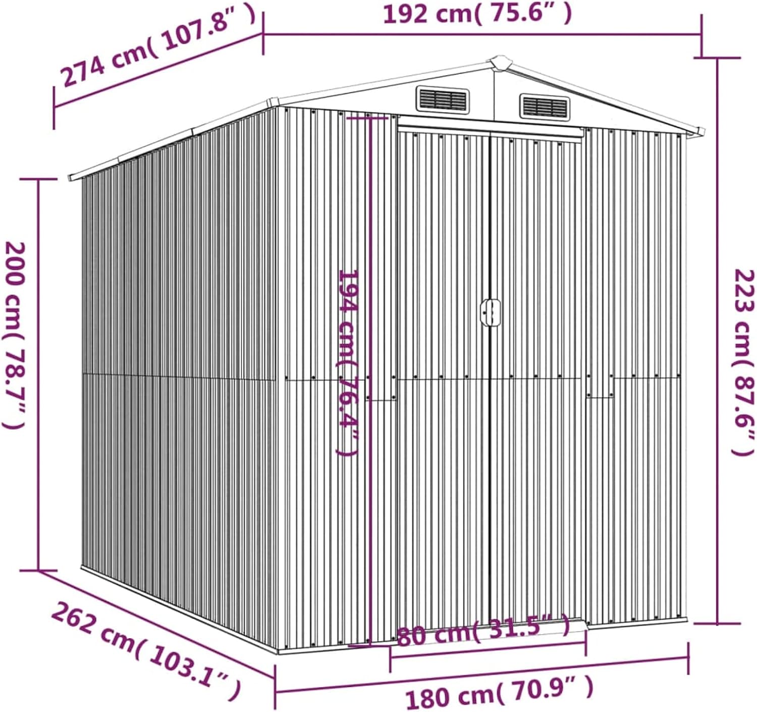 Abri de jardin en acier galvanisé vert 192 x 274 x 223 cm Abri de jardin extérieur pour rangement d'outils