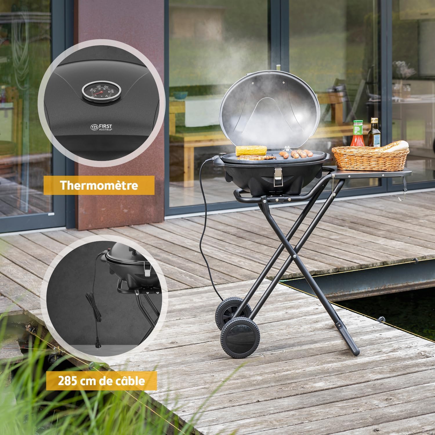 jardinite - Barbecue 2-en-1 pliable 2400W, couvercle, chariot, thermomètre - TZSFA5350-6