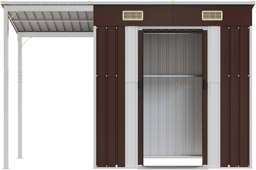 Abri de jardin avec toit prolongé marron 277x107x181 cm acier , Maison & jardin , Pelouses & jardins , Vie en extérieur , Structures extérieures , Cabanes & abris de jardin, Brun, (Poids 41.73KG)