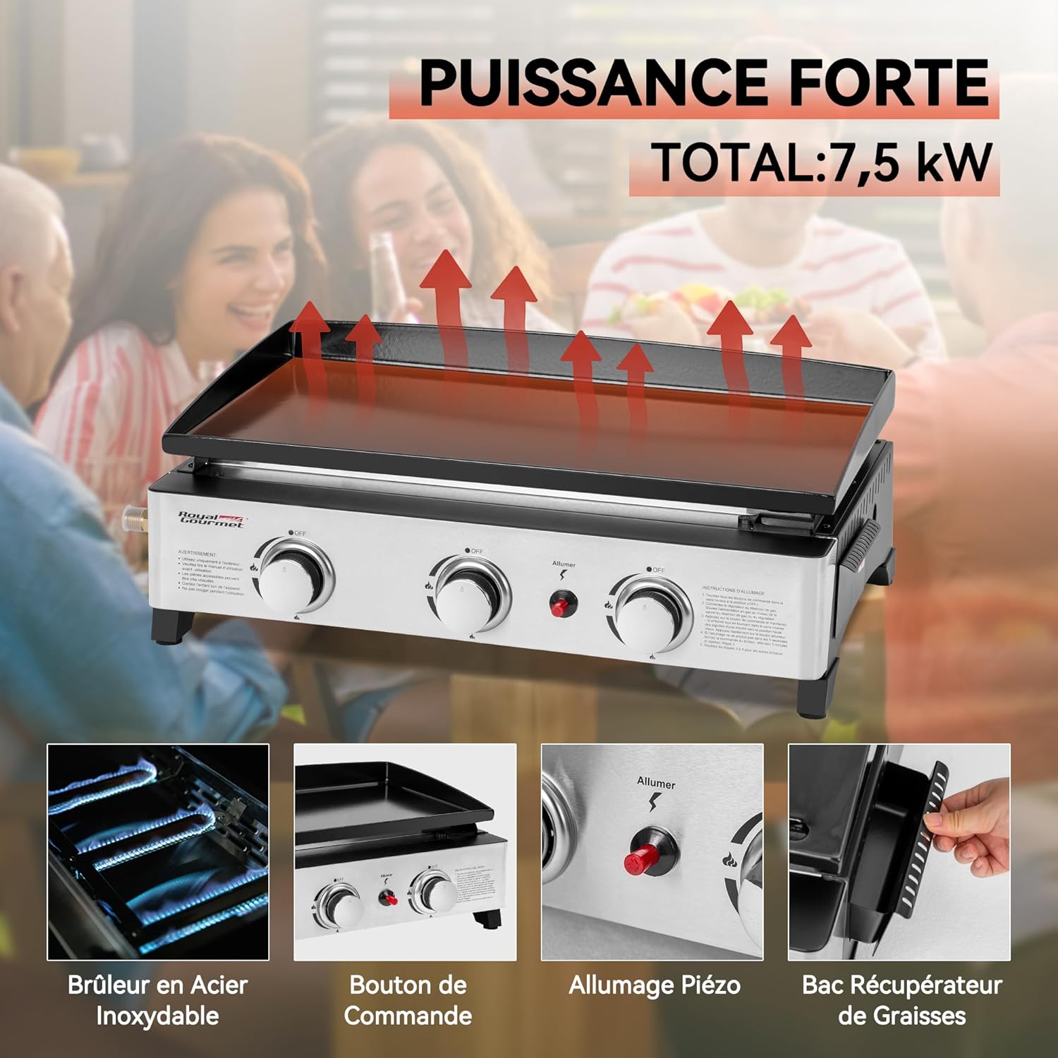 jardinite - Plancha Gaz 3 brûleurs - 62x35,5 cm - acier émaillé, portable, 7.5kW