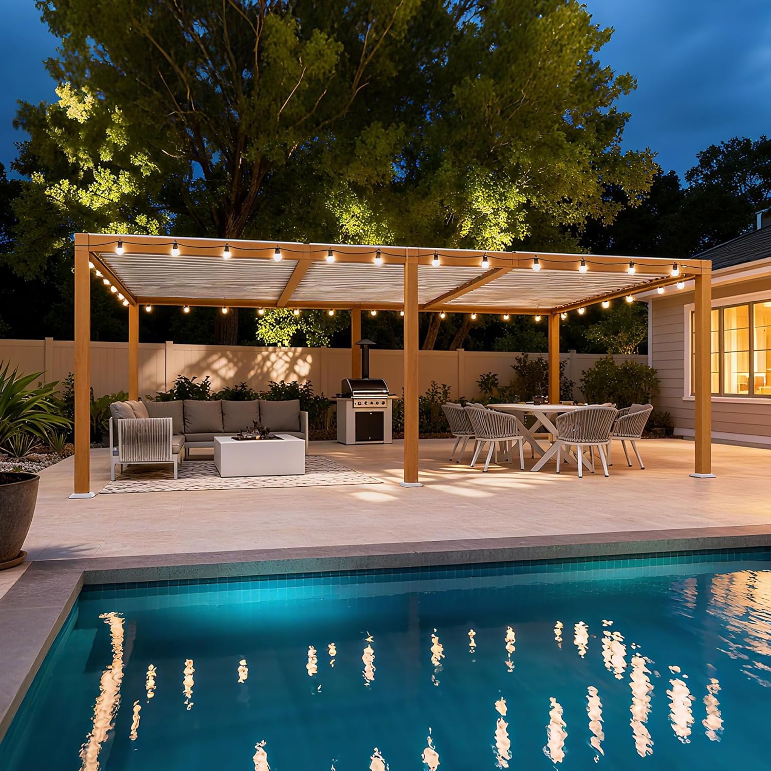 jardinite - Pergola effet bois - 3.5x6.35m - LED, lames orientables, étanche