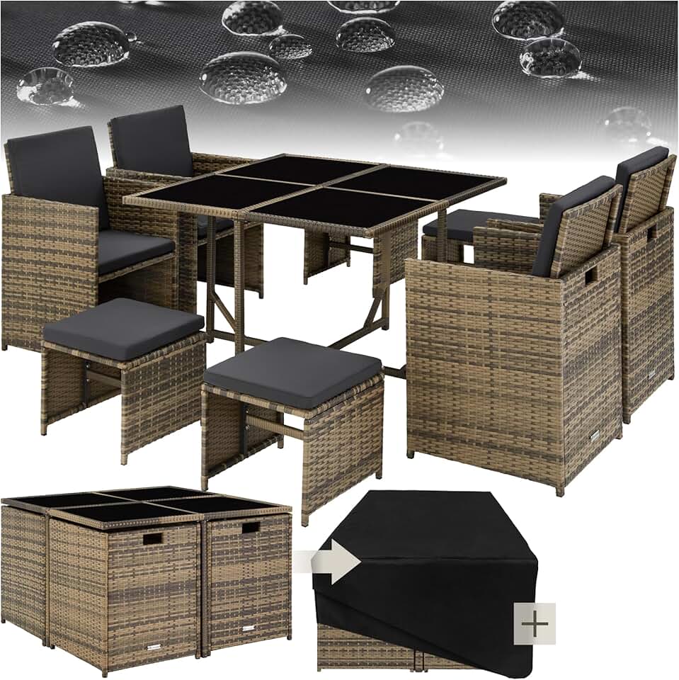 jardinite - Salon de jardin polyrotin, 4 chaises, 4 tabourets, table, housse, marron
