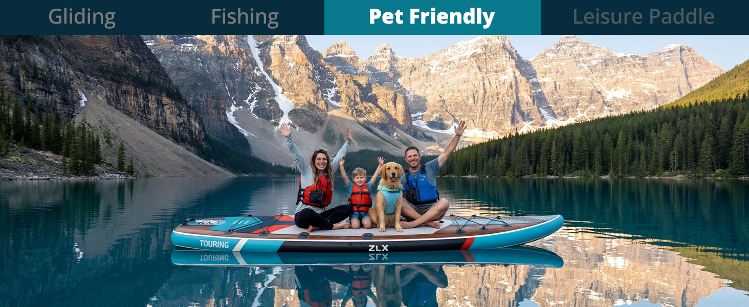 Le texte indique « Voyage de pêche en planeur adapté aux animaux de compagnie ». Image panoramique d'un lac de montagne avec des eaux réfléchissantes entourées de sommets.