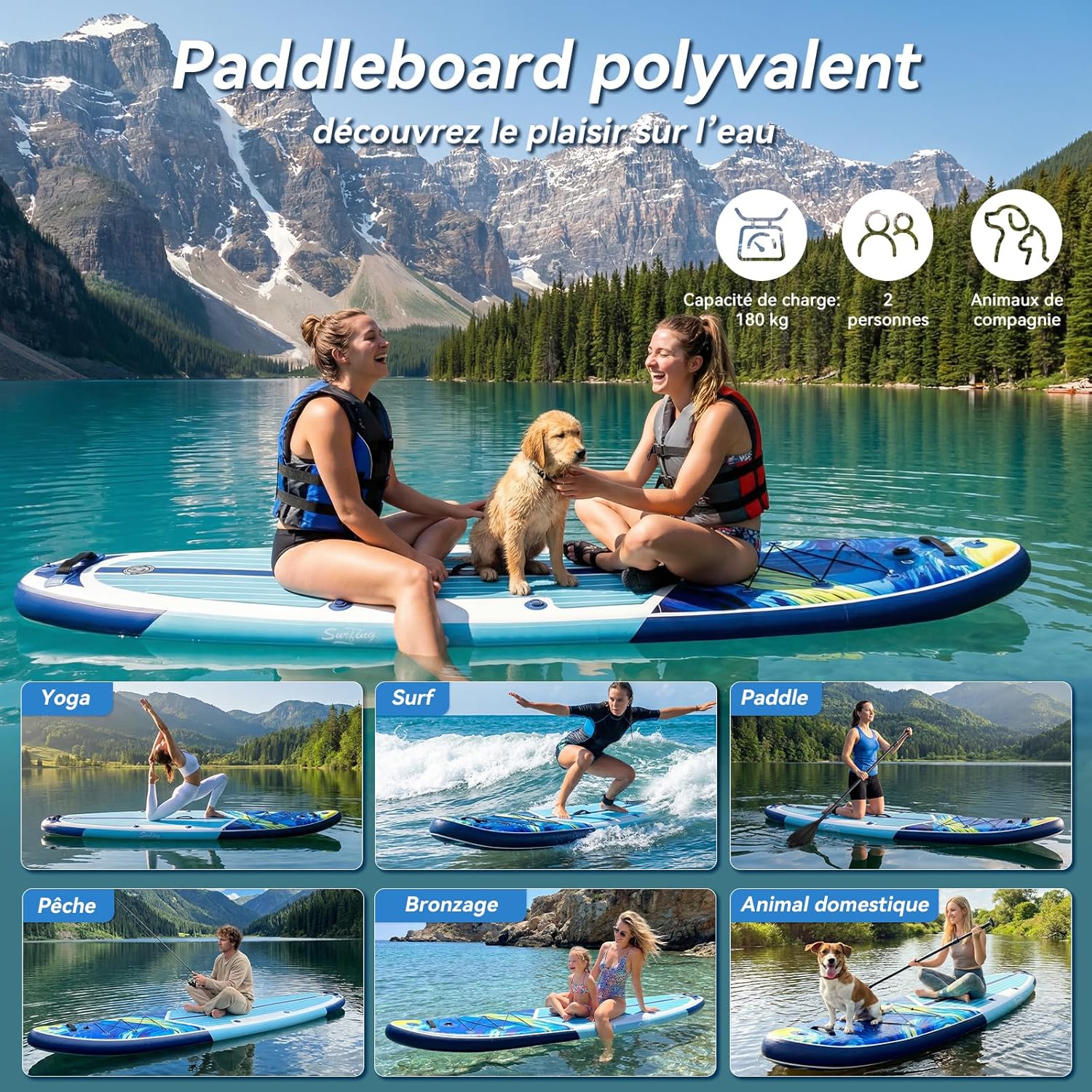 jardinite - Paddle gonflable adulte 320/335cm - 2 personnes, siège kayak, pagaie, support caméra, 150kg
