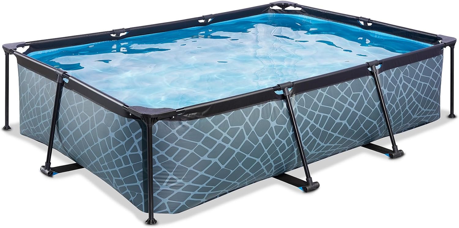 jardinite Piscine Stone - 300x200x65cm - Piscine Hors Sol Rectangulaire avec Pompe Filtrante à Cartouche - Entrée Basse - Idéal pour Les Jeunes Enfants - Cadre Stable - Design Unique - Gris