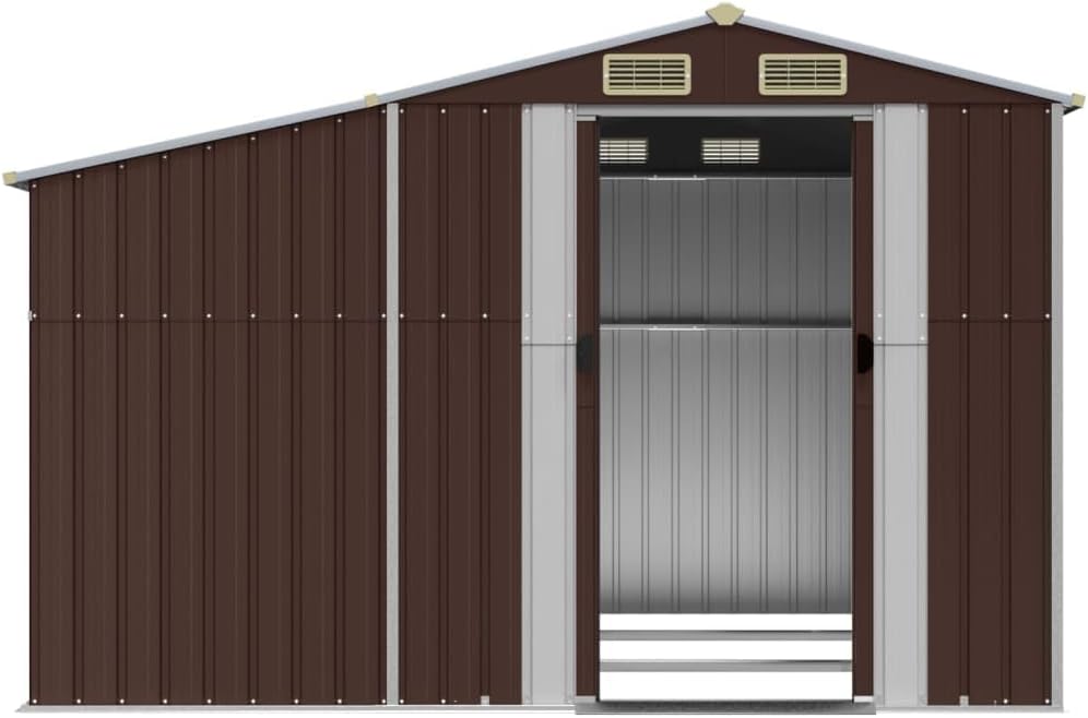 Abri de jardin en acier galvanisé, 277 x 279 x 179 cm, marron, avec espace de rangement généreux et support pour bois de chauffage, métal robuste pour outils de jardin et meubles, poignées de porte