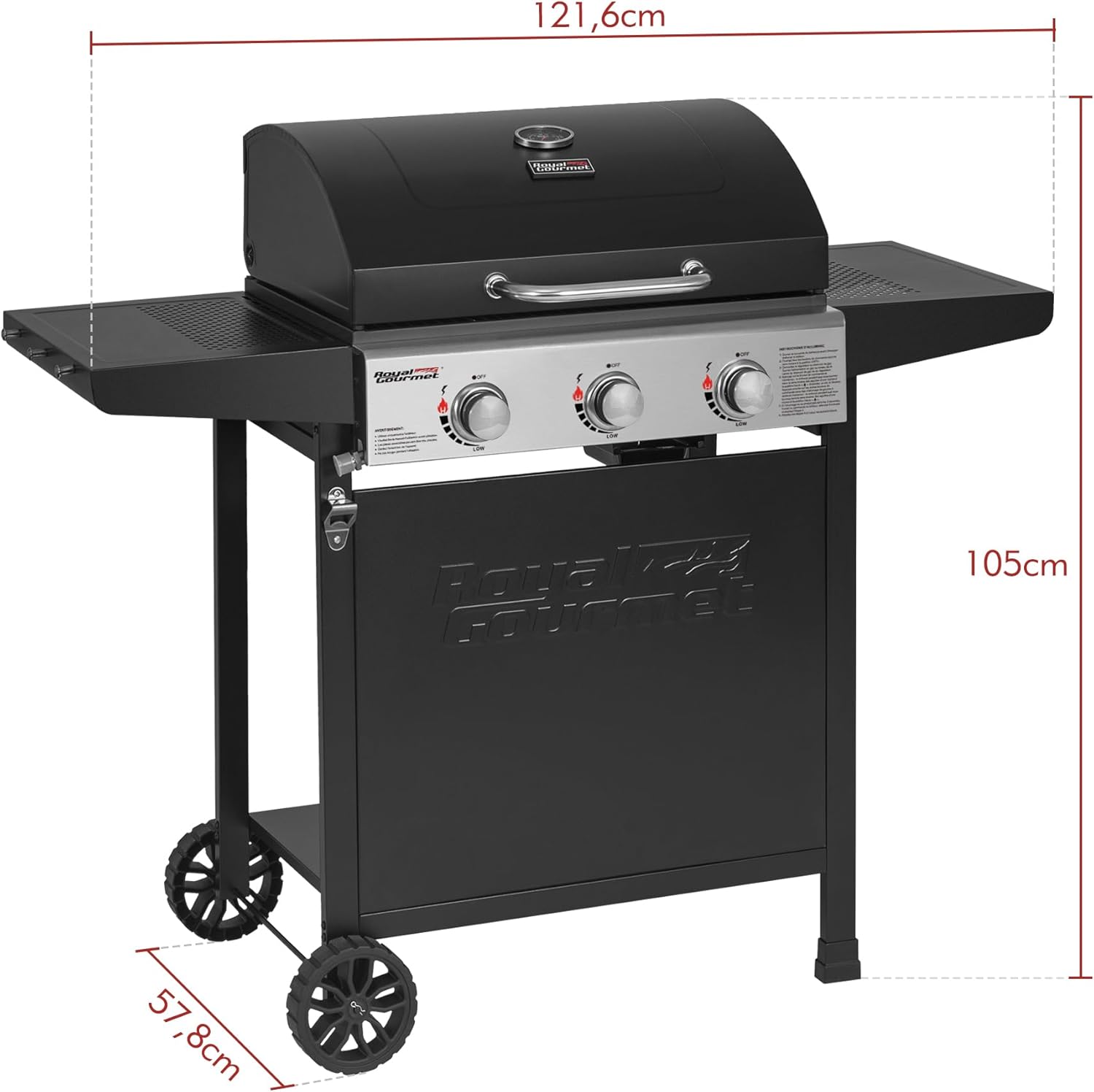 jardinite – BBQ Gaz 3 brûleurs – 9kW – chariot, capot, grilles, jardin
