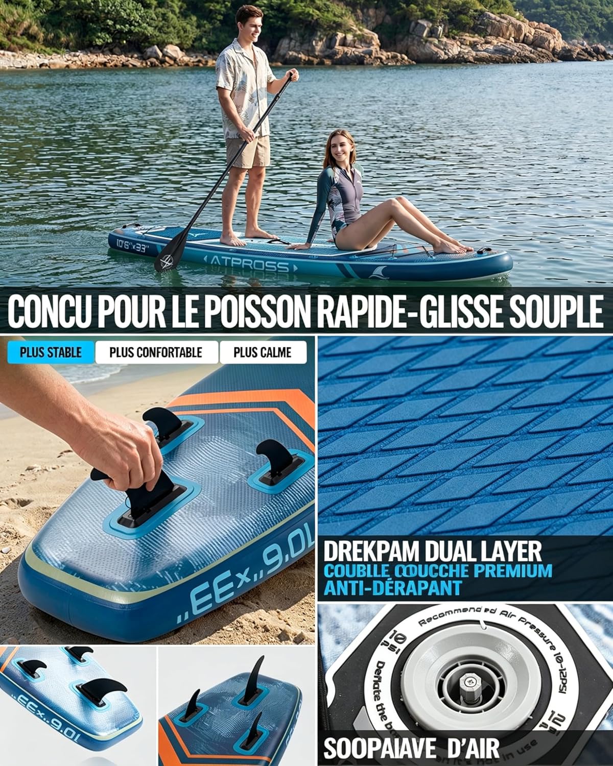 Stand Up Paddle Gonflable Adulte avec Siège Kayak & Accessoires, 320x84cm Planche de Sup Extra Large pour 2 Personnes, Charge 200kg, Kayak Gonflable 2 Places Stable et Antidérapant pour Surf