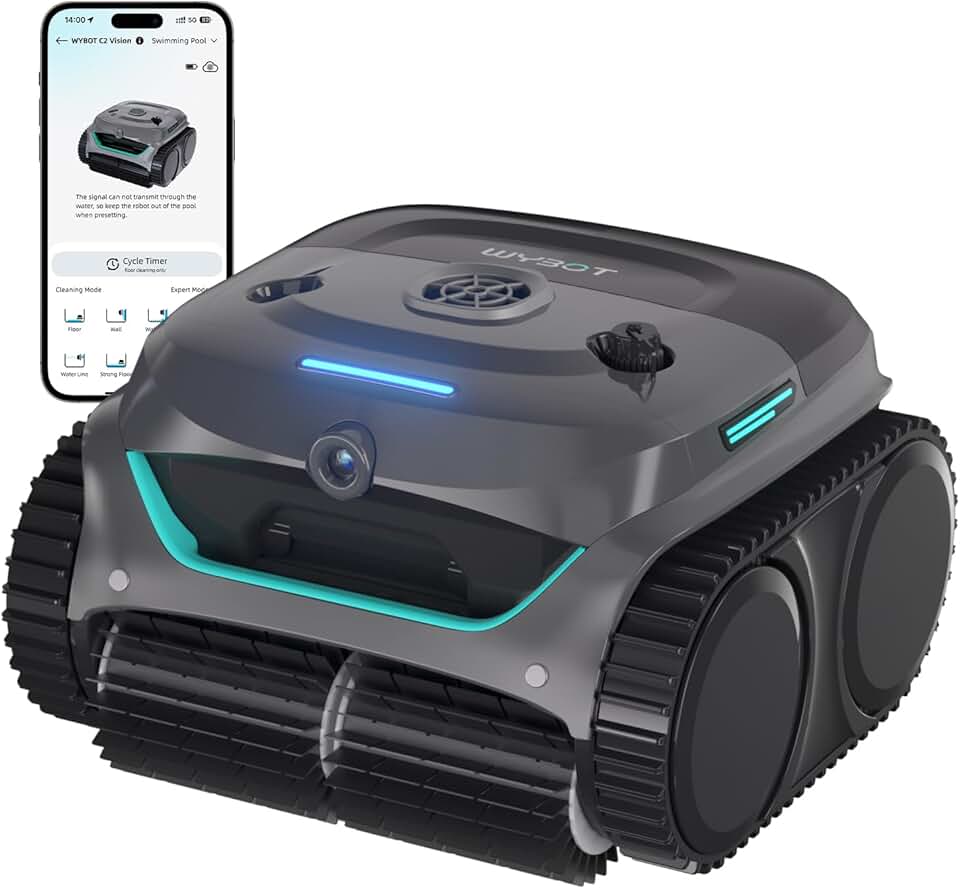 jardinite (Nouveau Modèle) Robot Piscine sans Fil C2 Vision-A avec caméra IA, Filtration Ultra-Fine, Forte Aspiration, Nettoyage Fond/parois & Ligne d’Eau, Navigation Intelligente – Bleu-Vert Gris
