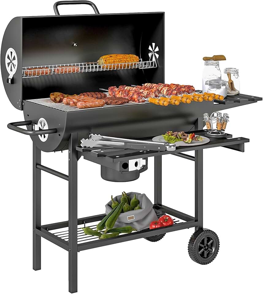 jardinite - barbecue charbon de bois - grande taille - grille, couvercle thermomètre, roues, tablette pliable