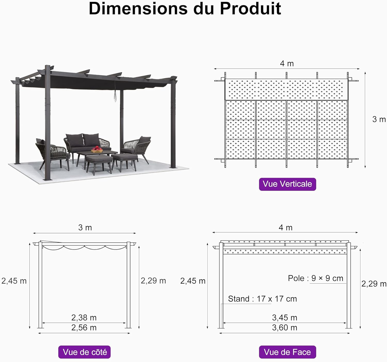 jardinite - pergola aluminium série 4x3m rideau toit coulissant gris