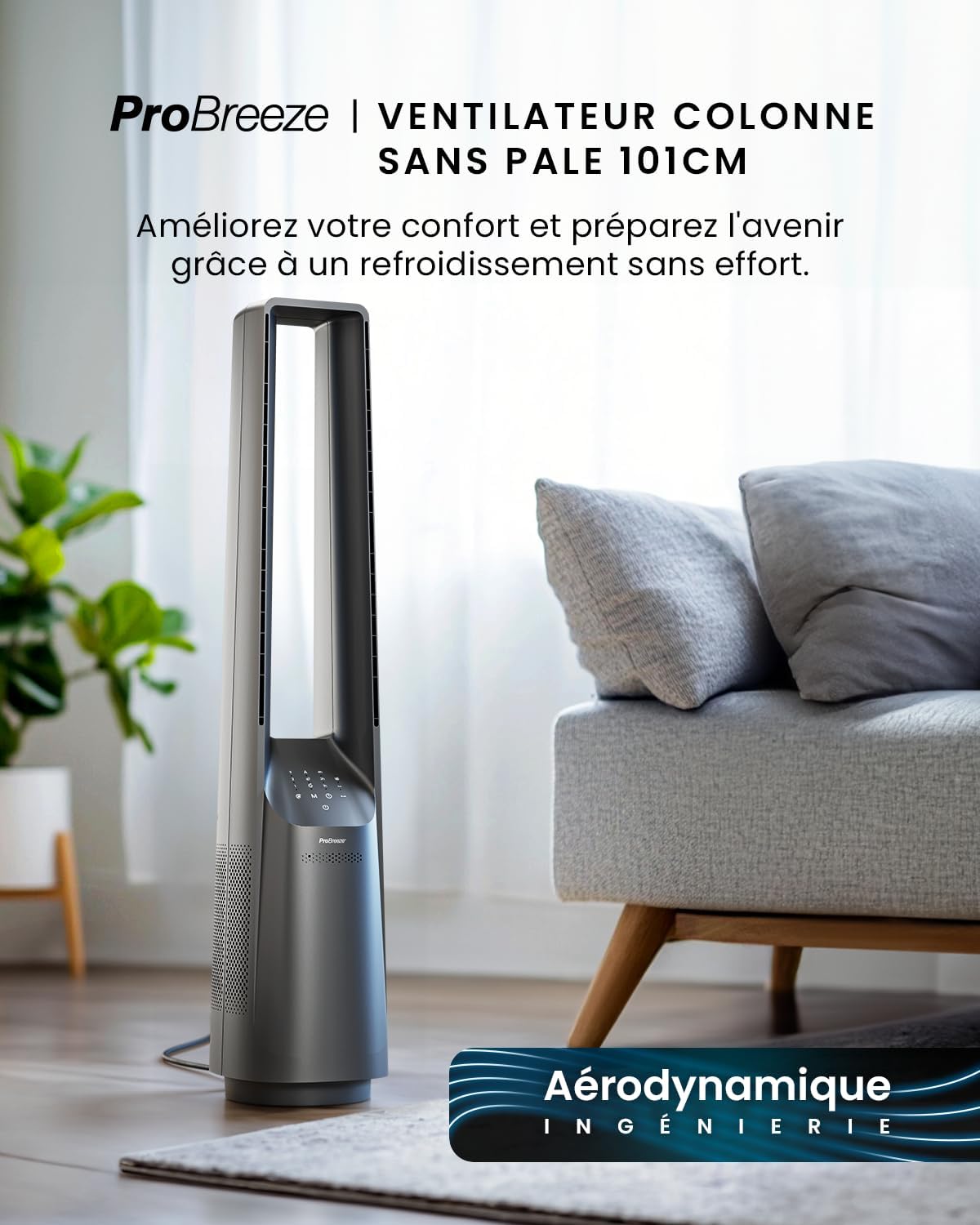 jardinite - Ventilateur tour 101 cm, 6 vitesses, oscillant, silencieux