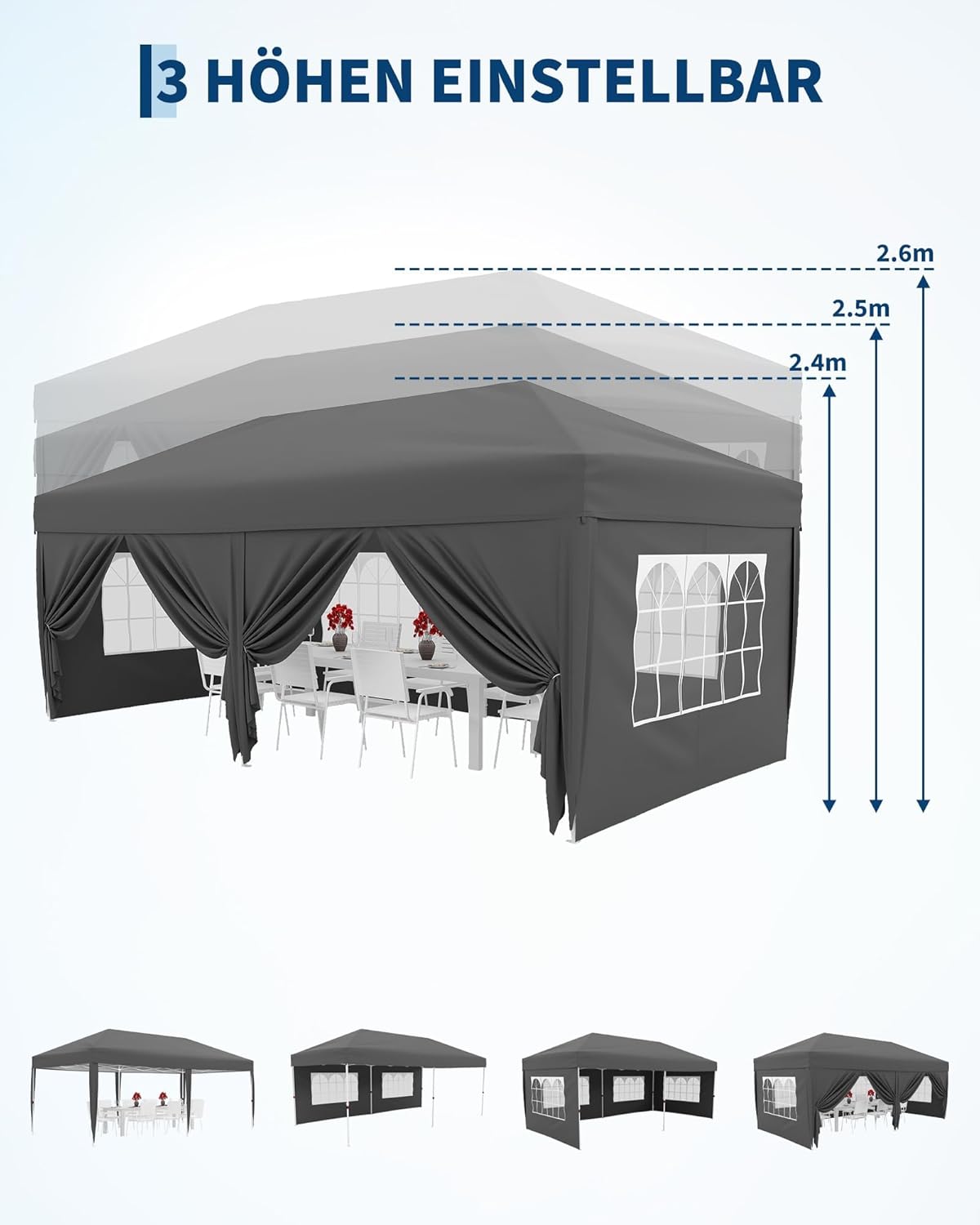 Gravee - Tonnelle pliante série 3x6m - 3x6m - Imperméable et anti-UV, parois latérales, sac de transport