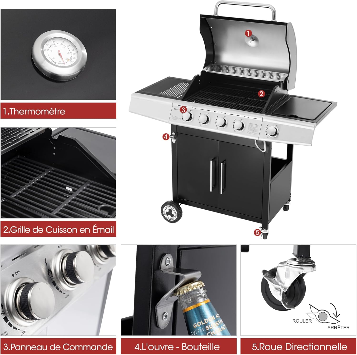jardinite – Barbecue Série 4+1 – 14,5kW, inox, tablettes, 2 portes