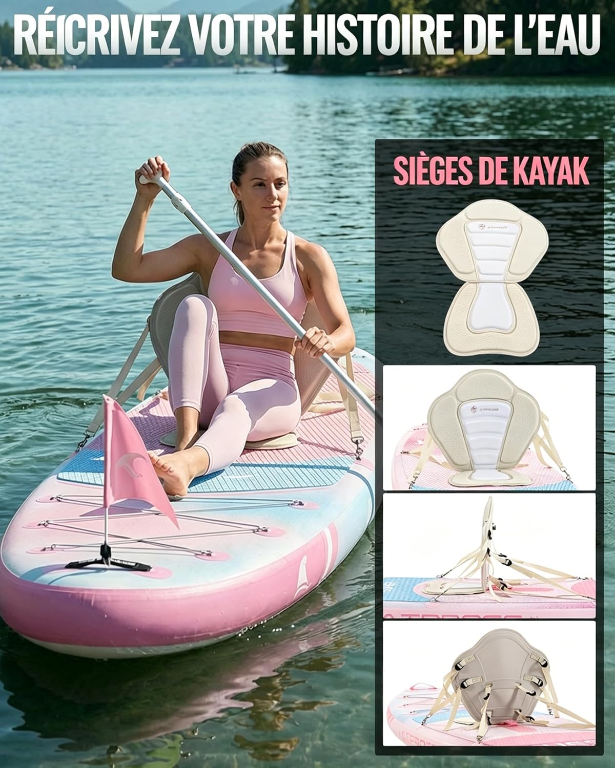Stand Up Paddle Gonflable Adulte avec Siège Kayak & Accessoires, 320x84cm Planche de Sup Extra Large pour 2 Personnes, Charge 200kg, Kayak Gonflable 2 Places Stable et Antidérapant pour Surf