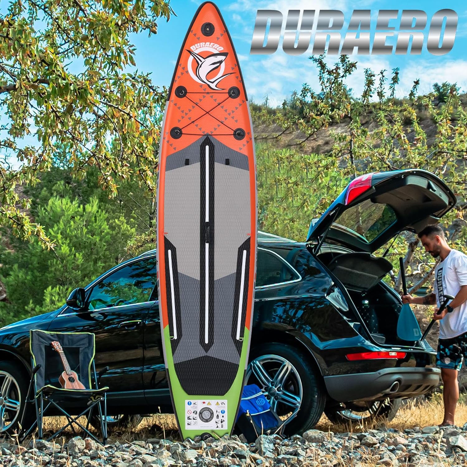 Siège de Kayak Gonflable Stand Up Paddle et Support de caméra, pagaie 2 en 1 330x76x15cm, Pompe jusqu'à 150kg avec Sangle de Pied, Sac à Dos