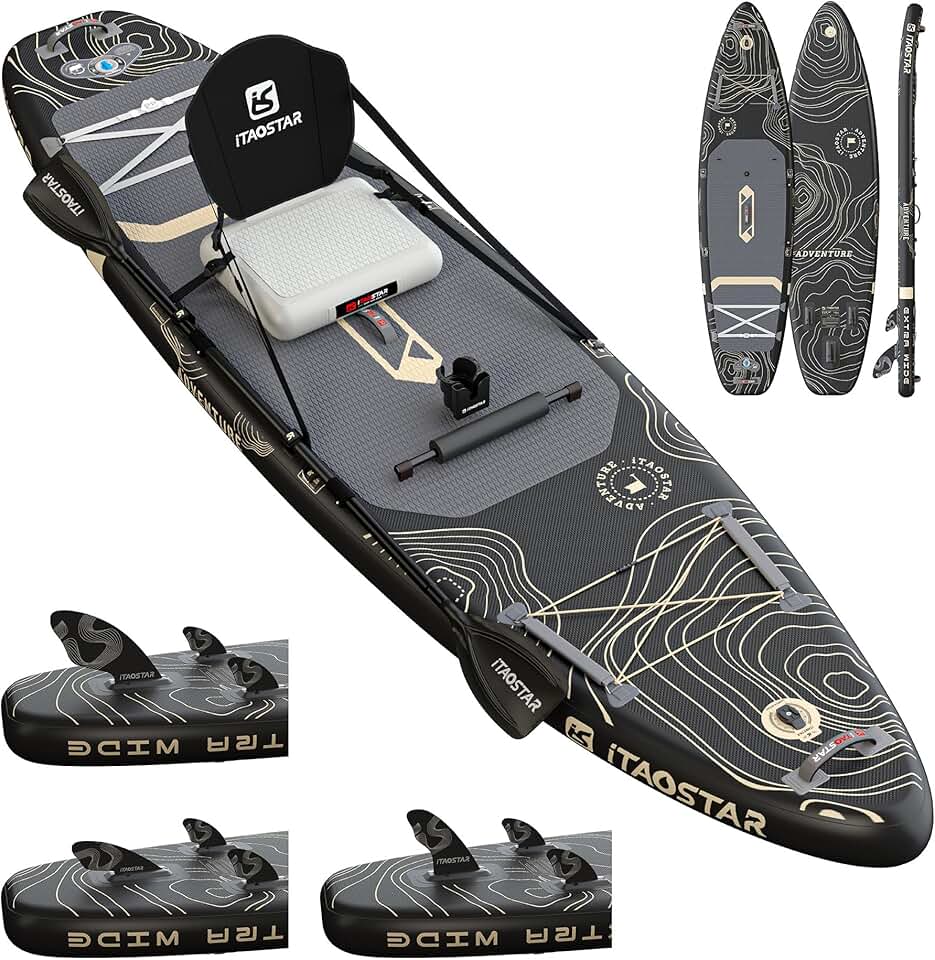 jardinite Adventure 365×88cm Planche de Paddle Extra Large avec siège, Accessoires Sup Haut de Gamme Tout-en-Un, 5 ailerons sur Mesure, Planches de Paddle gonflables Stables pour Adolescents/Adultes Global Recycled Standard