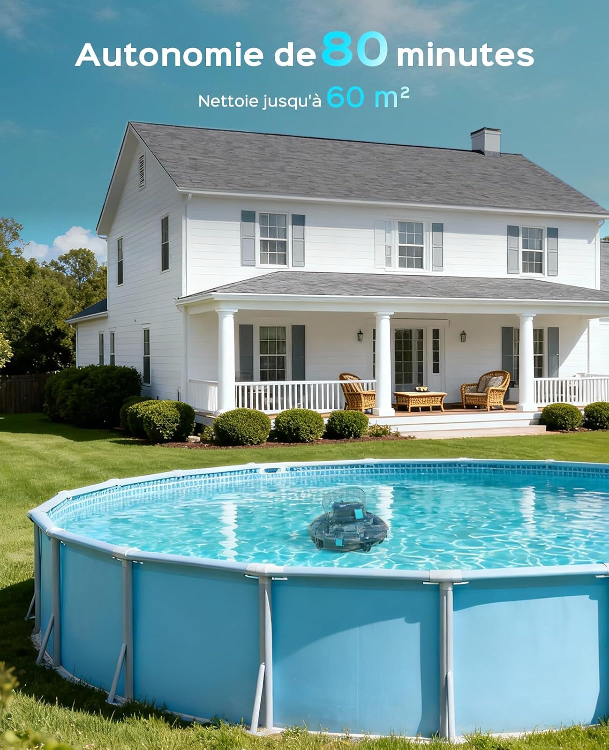 Winny - Robot piscine sans fil, 80 min d'autonomie, double filtration, 60m² - Winny200P