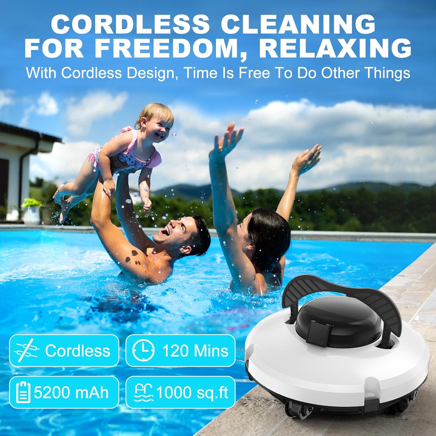 Robot aspirateur piscine - sans fil - 120 min autonomie, 1000 pi2, autoparking