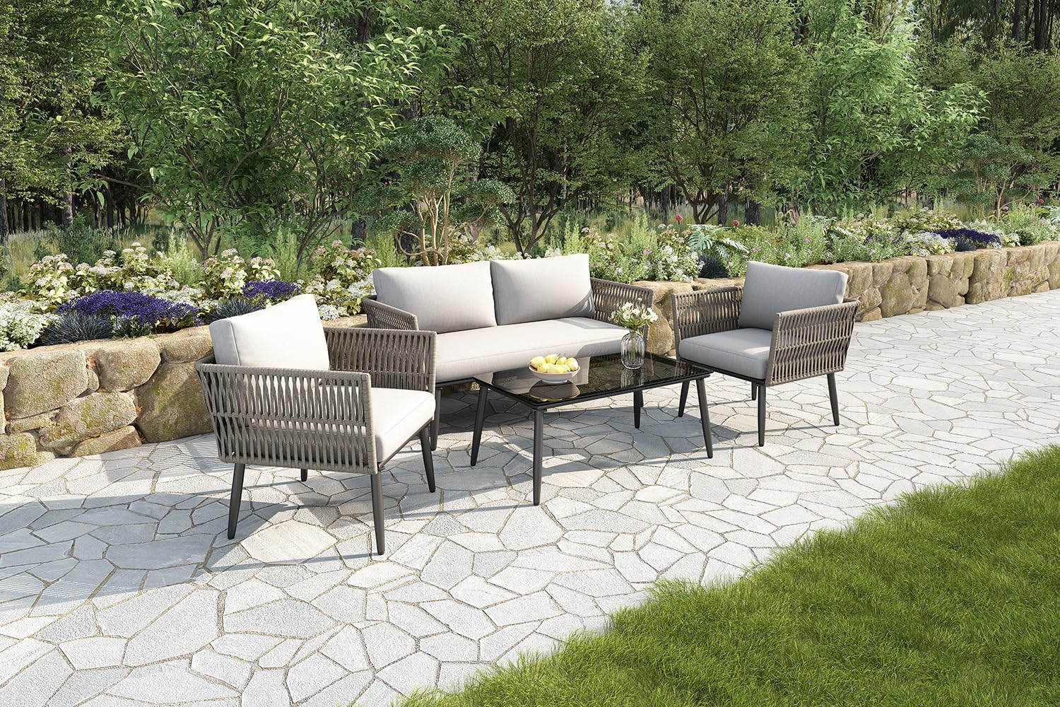 Ensemble de Meubles de jardin 4 places, canapé, fauteuils, table basse, acier, verre, PE tressé