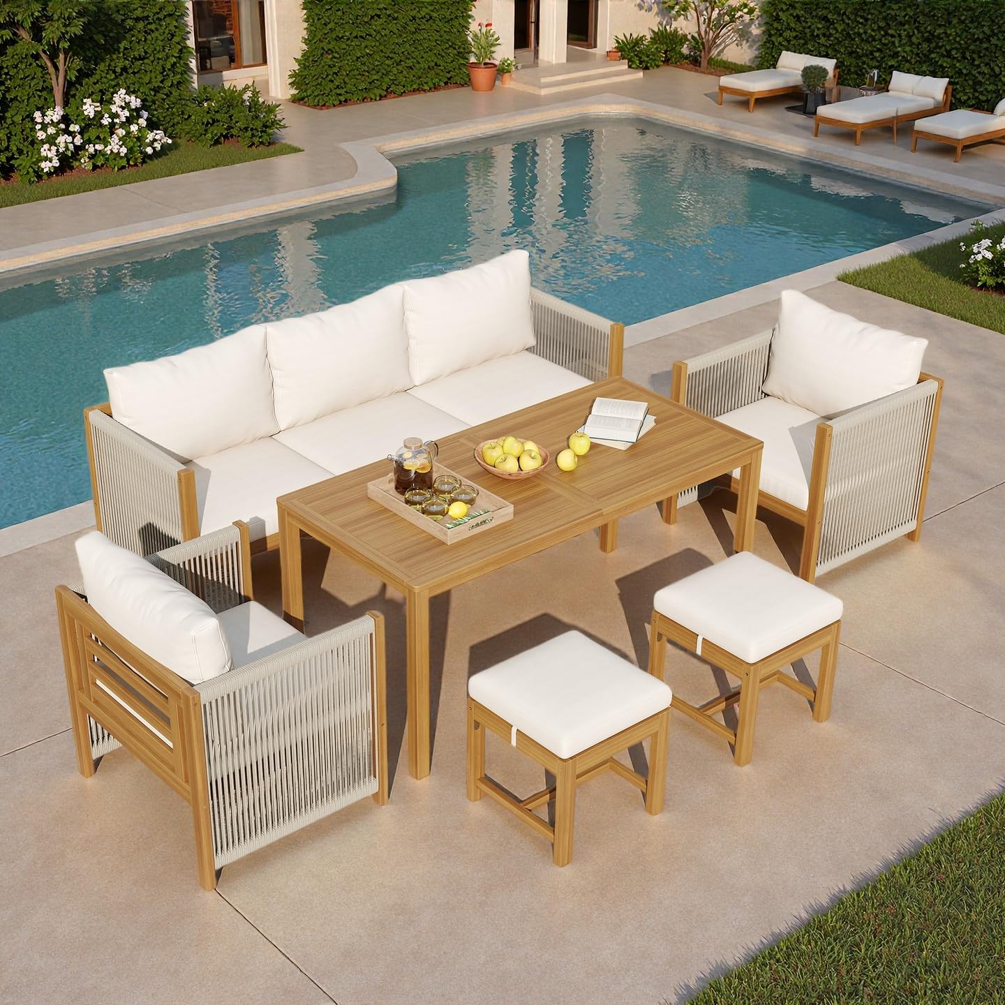 Salon de jardin - ensemble 7 places - canapé et table acacia - extérieur beige