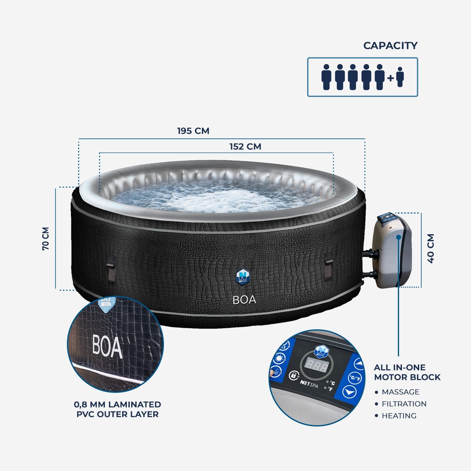 Netspa - spa gonflable XL familial - 195x70 cm - mousse 8 cm, effet croco - SP-BOA155B