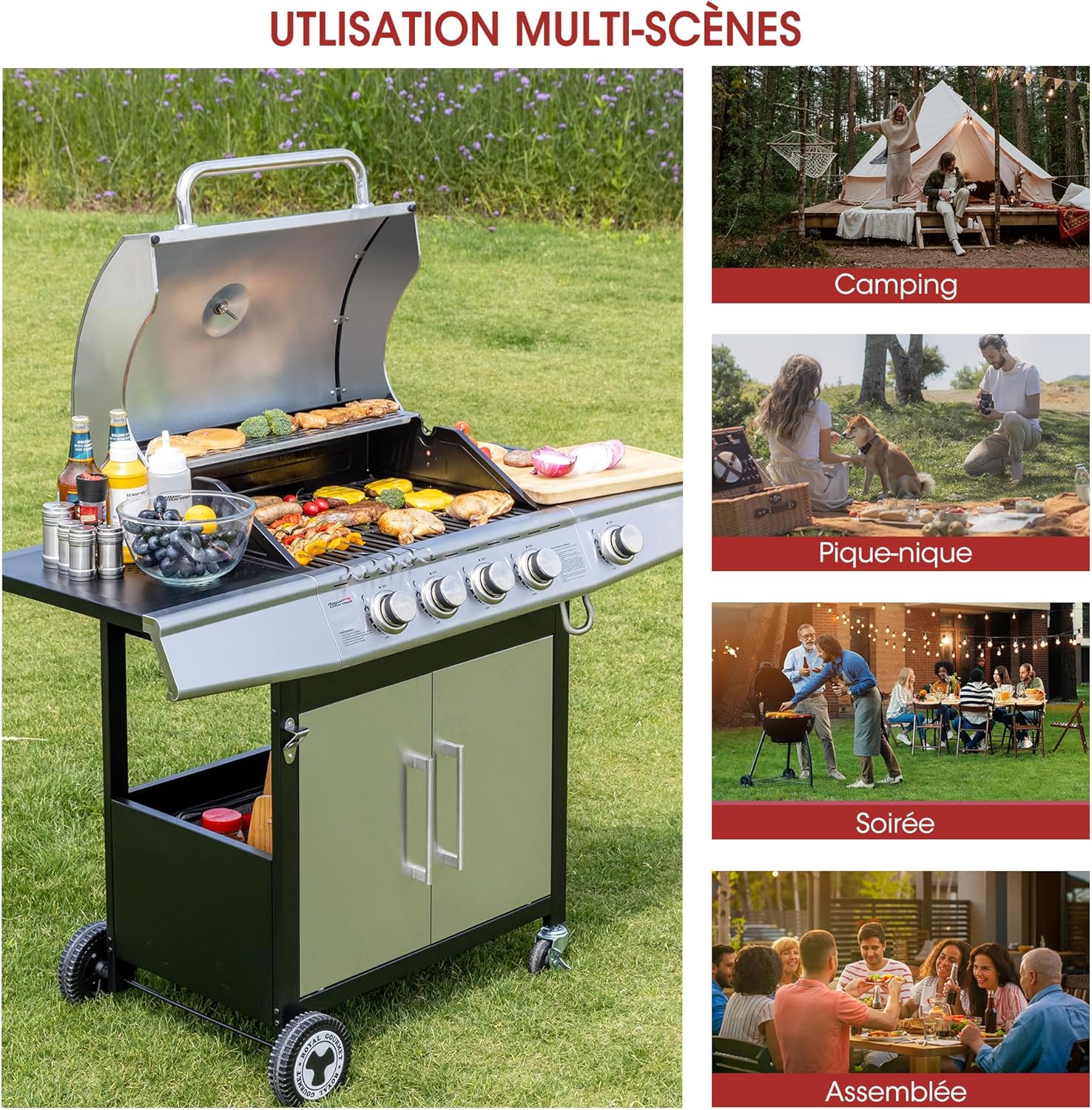 jardinite - Barbecue Gaz 4+1 brûleurs inox - 14,5kW - 2 portes, thermomètre, roues directionnelles