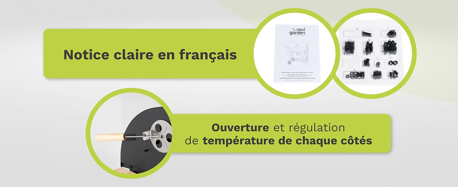 présentant les caractéristiques d'un produit : instructions en français, régulation de la température de chaque côté et images des composants, y compris un manuel et de petites pièces