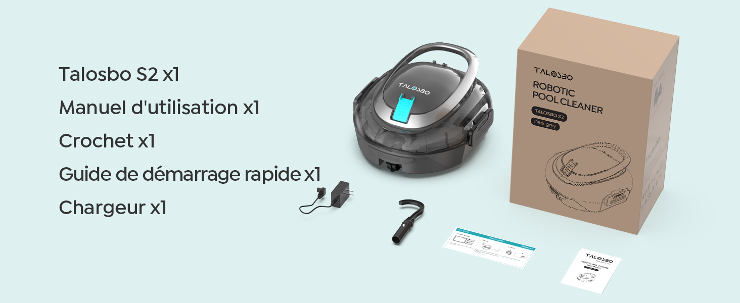 Le texte indique « jardinite S2 x1 », « Manuel d'utilisation x1 », « Guide de démarrage rapide x1 », « Crochet x1 », « Chargeur x1 ». Disposition du contenu de l'emballage du produit avec un aspirateur robotique.