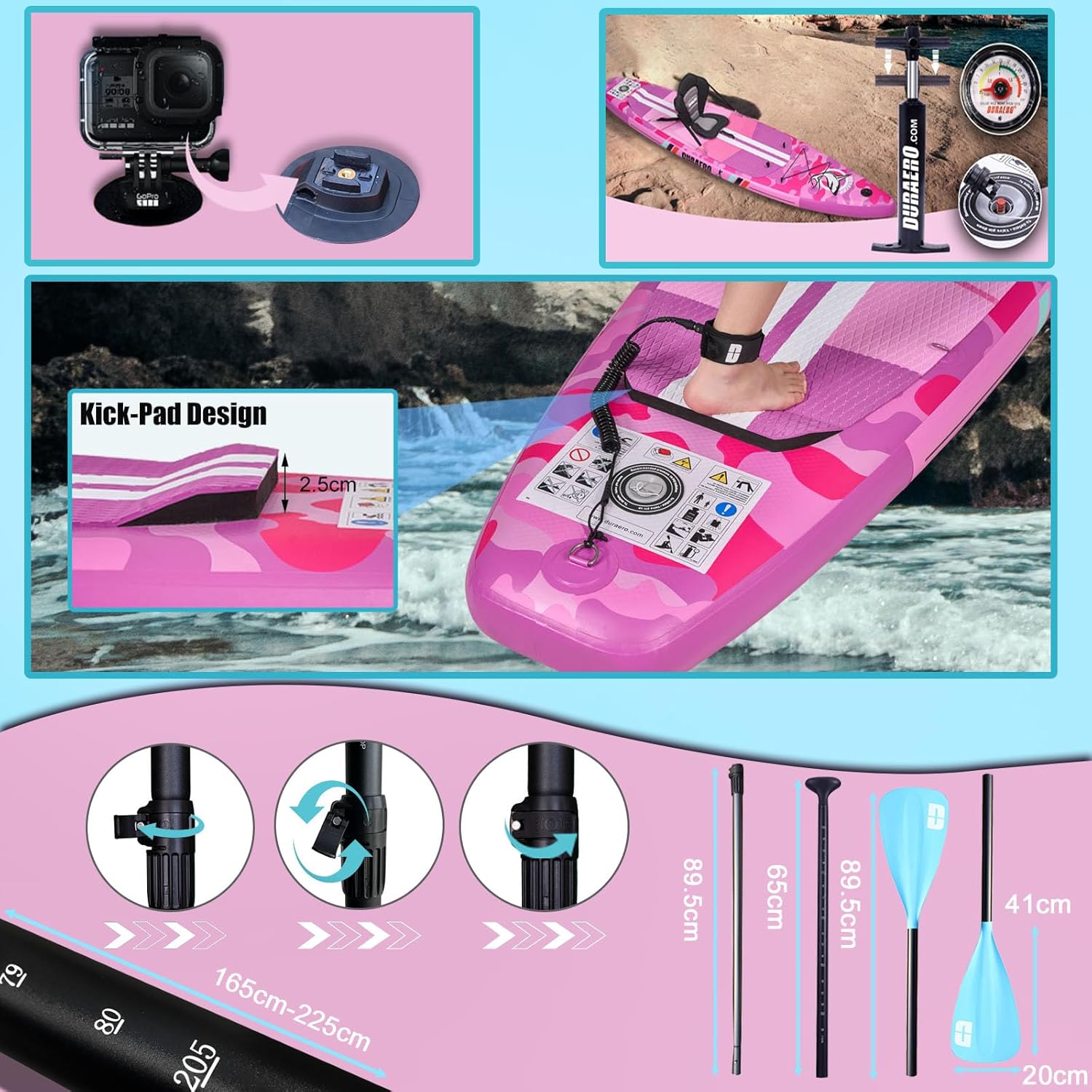 Stand up Paddle gonflable - siège kayak - 330x76x15cm, 150kg, accessoires, Pink
