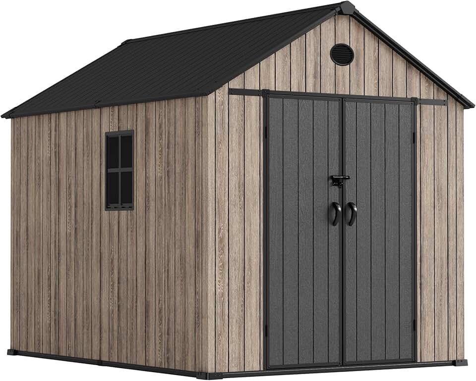 jardinite Abri de jardin en résine 6,41 m² Oak O60 - Sol inclus - Fenêtre latérale - Aspect bois premium - Double porte large - Protection UV et imperméable - Fermeture par goupille - Ventilations