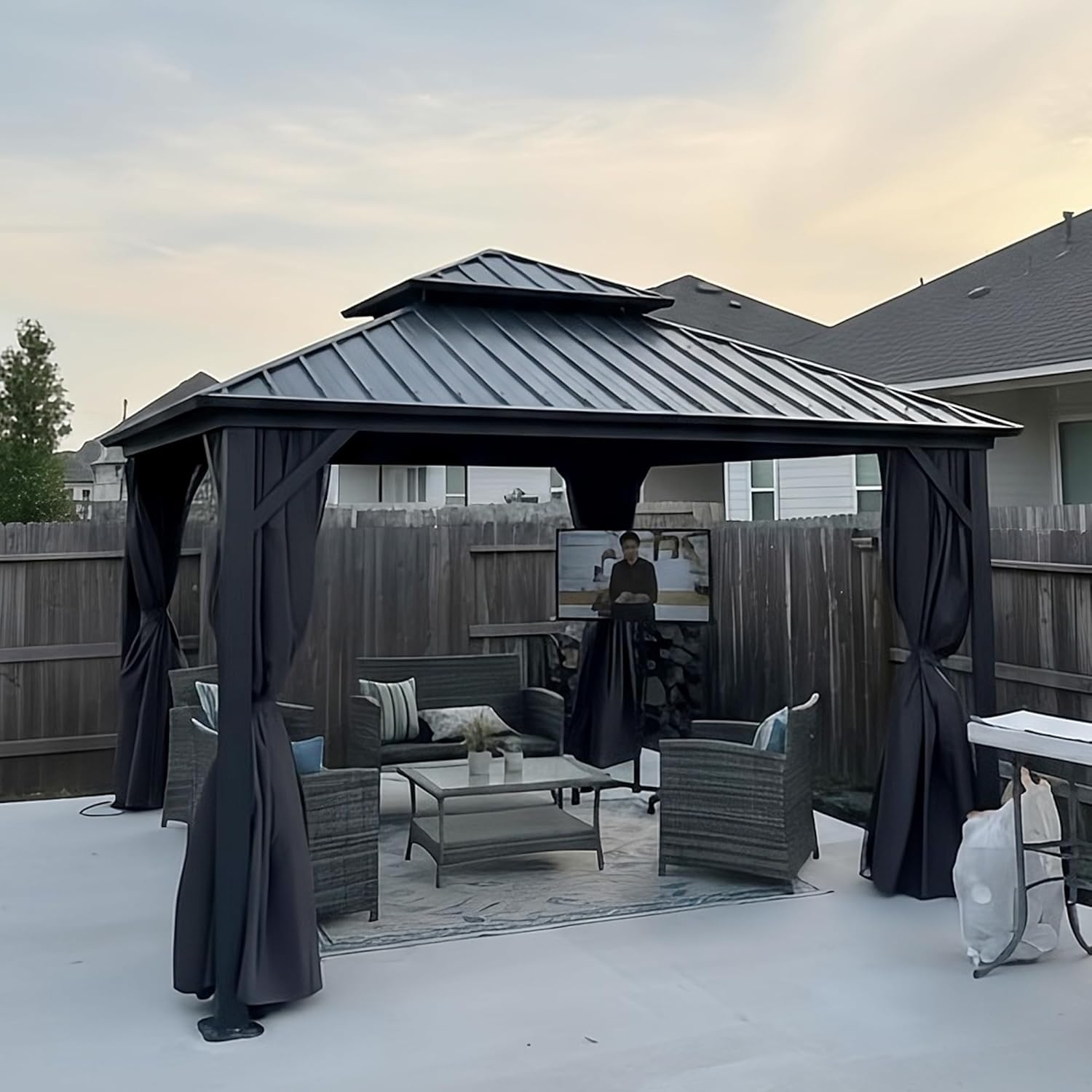 jardinite - Pavillon jardin double toit alu 3,65x3,65m, rideaux, moustiquaire