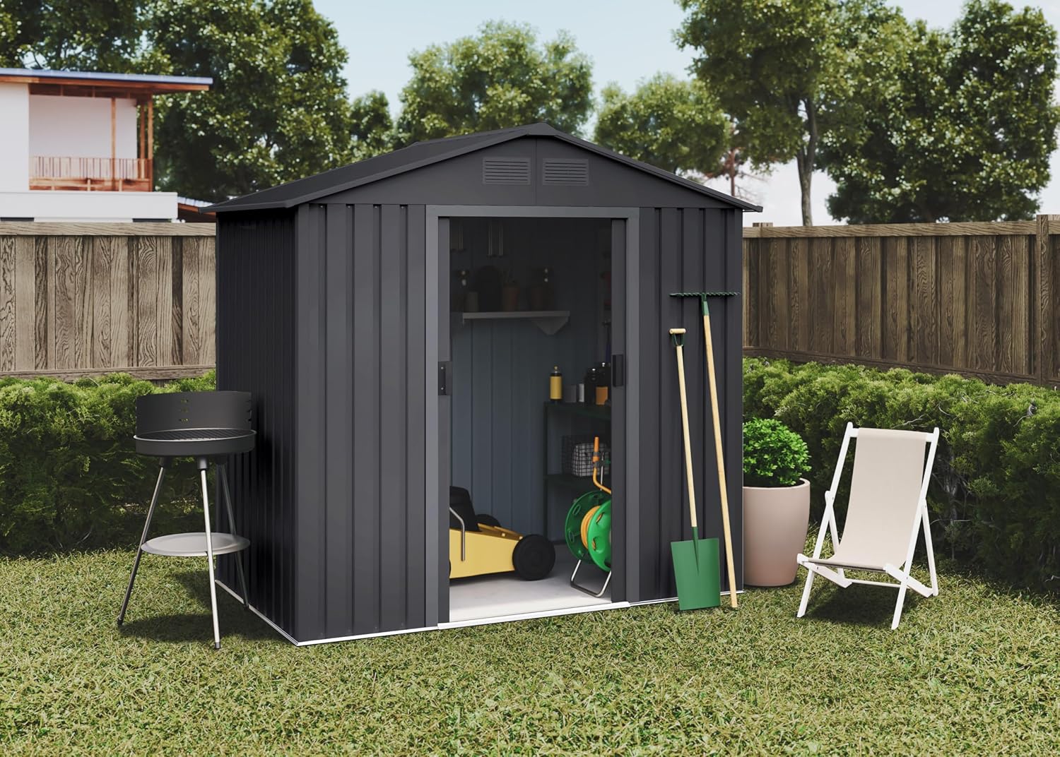 Abri de jardin métal - Light Anthracite - 196x131x196cm - double porte coulissante, 4 grilles, extérieur