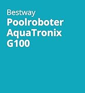 Le texte se lit comme suit : « jardinite Poolroboter AquaTronix G100 ». Fond turquoise avec mise en page publicitaire de produit en texte blanc.
