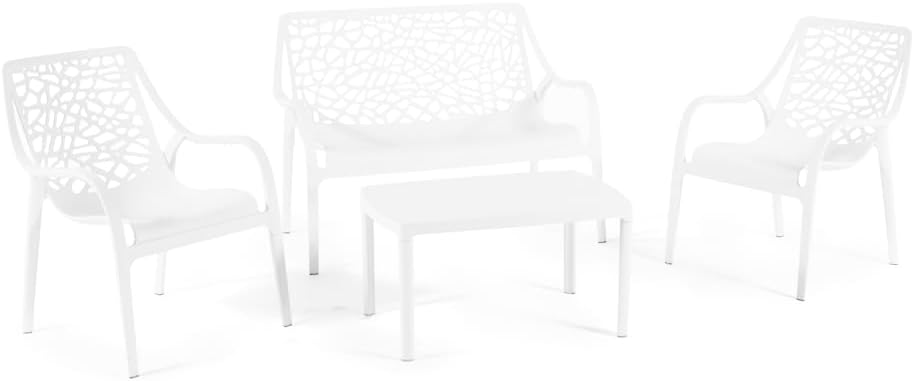 Salon de jardin - Maratea - 4 places - polypropylène fibre verre, empilable, imperméable, design moderne, blanc