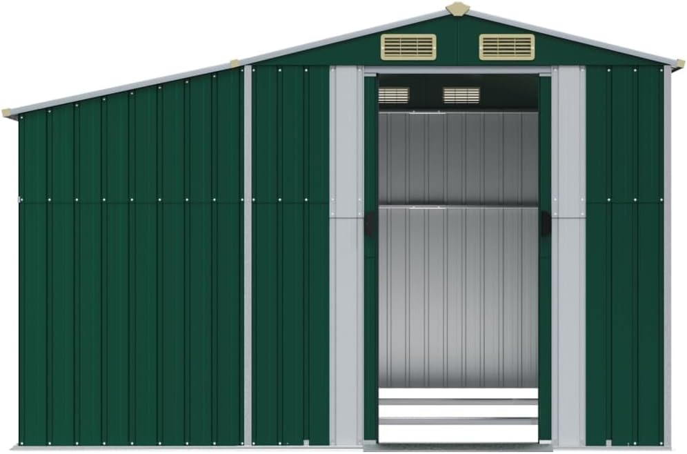 Abri de jardin acier galvanisé - toit incliné, trémie à charbon - 277x279x179 cm - rangement extérieur vert
